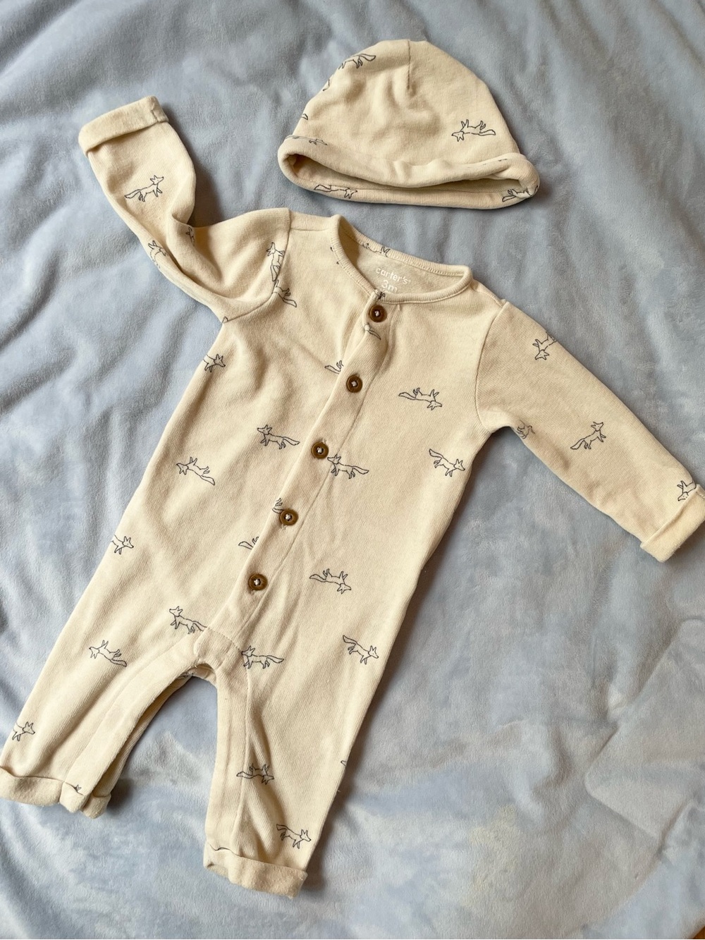 Carter's Cream Fox-Print One-Piece with Hat